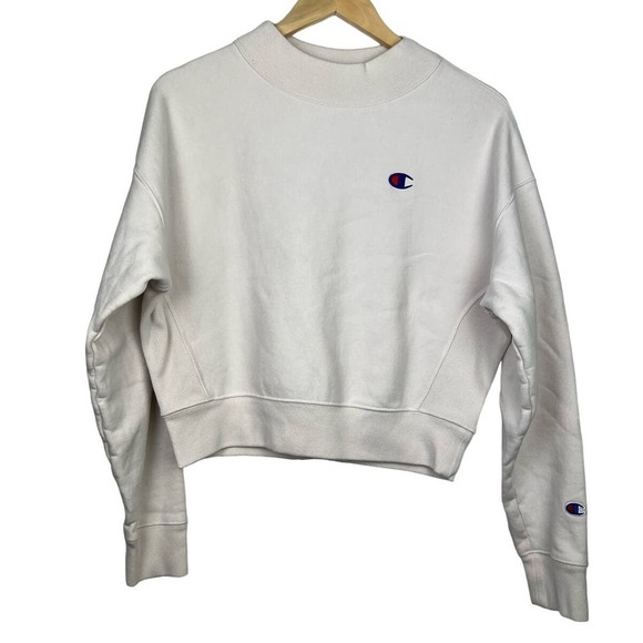 Champion Reverse Weave Crop Sweatshirt Women White C Logo Embroidered Crew Large - Picture 2 of 7
